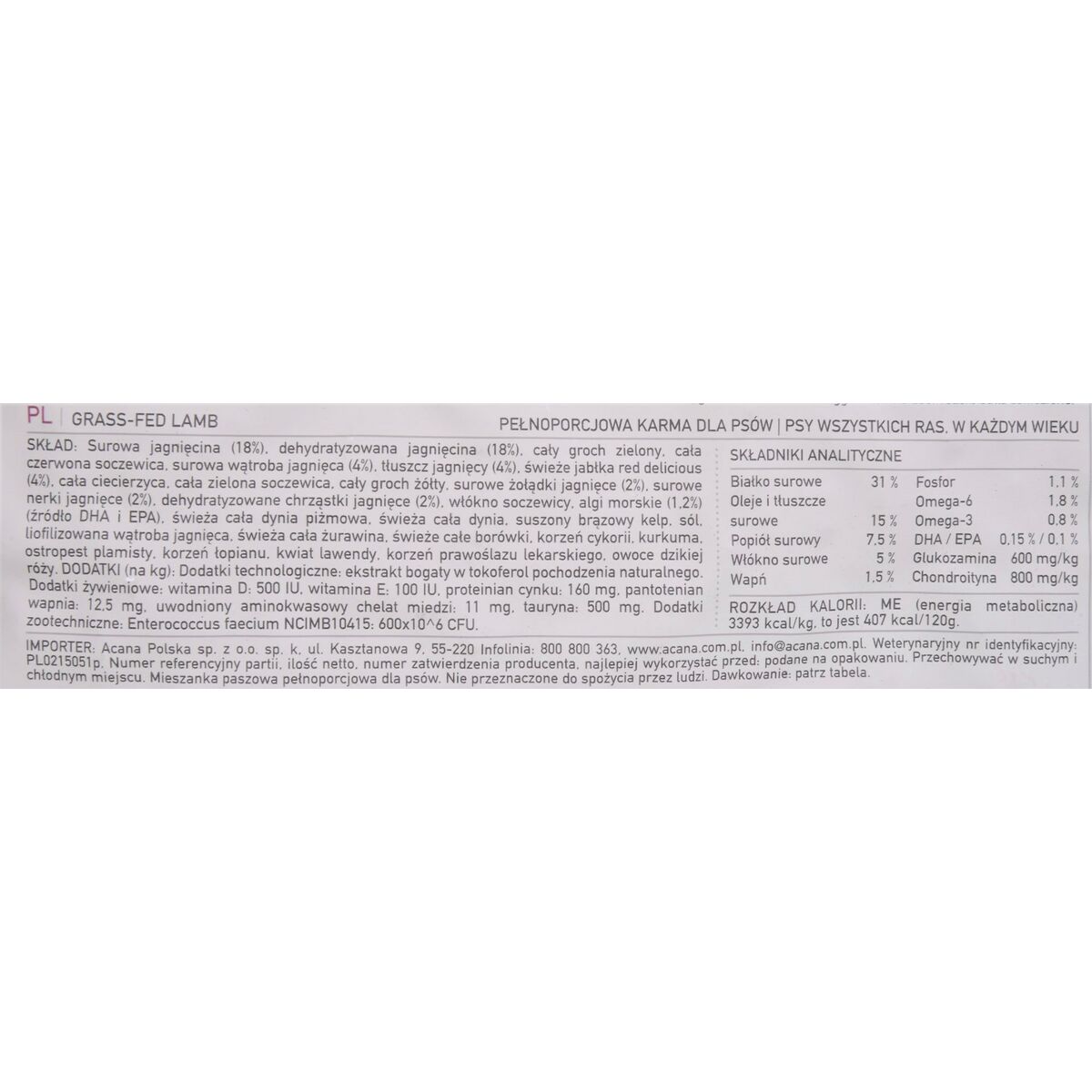 Fodder Acana Grass-Fed Adult Fruit Lamb Vegetable 6 Kg